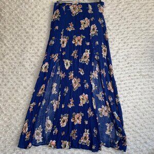DANCE & MARVEL WOMENS MEDIUM MAXI SKIRT ROYAL BLUE FLORAL HIGH SLIT A LINE FLOWY